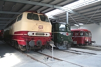 Diesellok 217 001, El-Lok Ae 6/6 11401 und Schienenbus in der SVG Eisenbahn-Erlebniswelt. Bildautor: Rainer Vogler